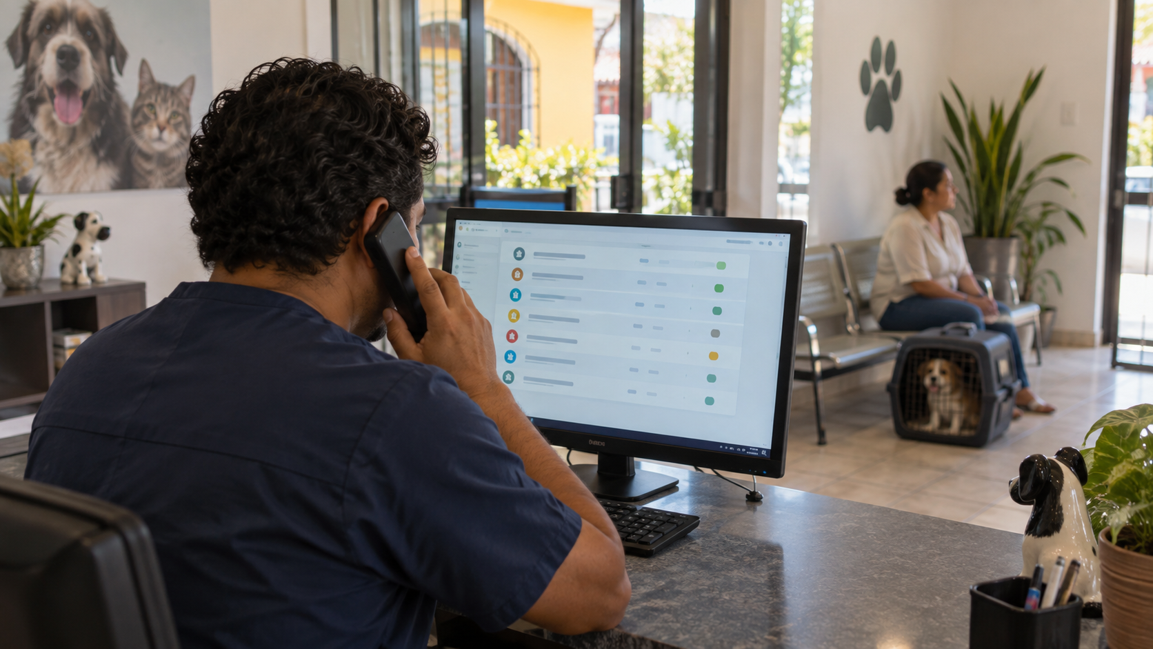 Persona atiende una llamada frente a una fila digital de mensajes en la recepción de una clínica veterinaria.