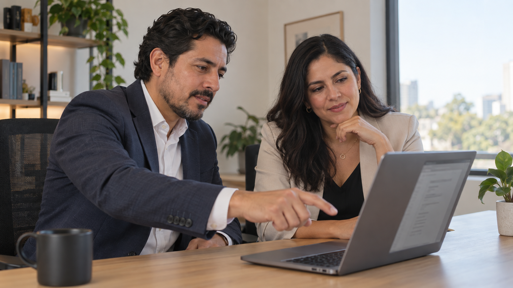 Dos personas revisan juntas una estructura de contenido en una laptop dentro de un estudio de trabajo.