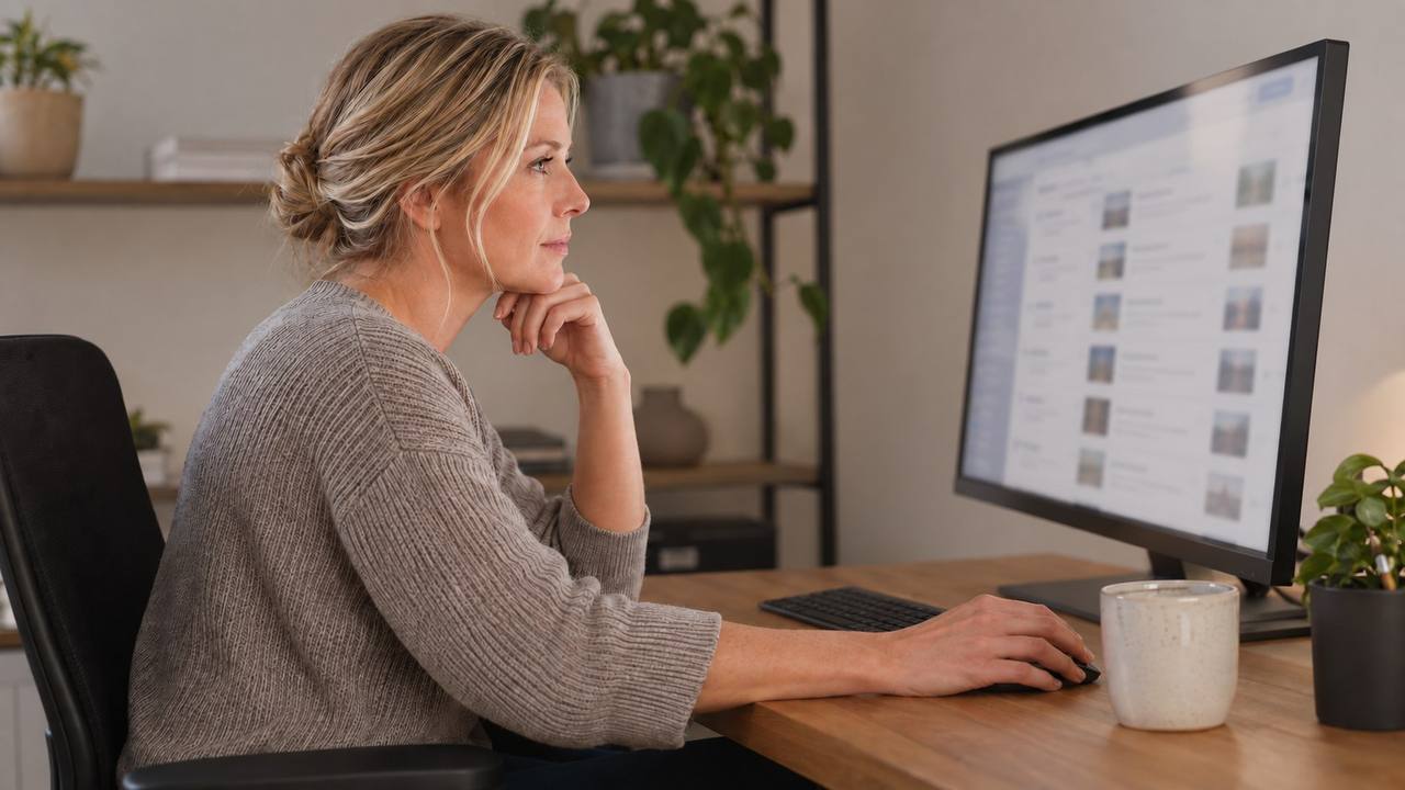 Persona revisa conceptos visuales de campaña en un monitor antes de la aprobación humana.