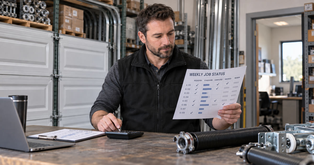 Garage door supplier manager reviews a fictional weekly job-status sheet beside unbranded door hardware in a warehouse.