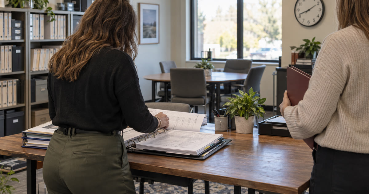 Two non-identifiable insurance agency staff prepare a structured morning binder for human review in a modest office.