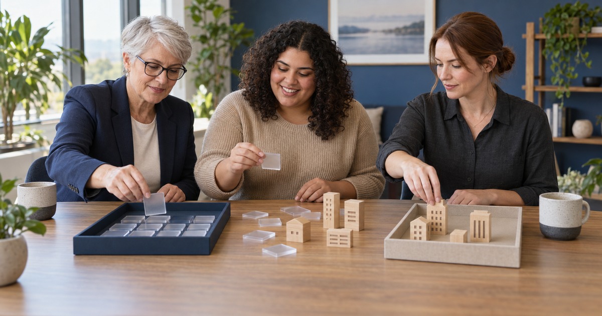 Three synthetic staffing-firm coworkers sort employer-account research tokens through a human review workflow in an unbranded office.