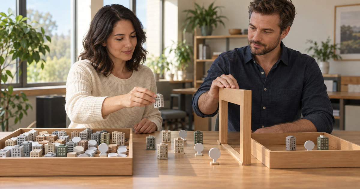 Two property-management professionals review miniature building tokens in structured trays at a wood table.