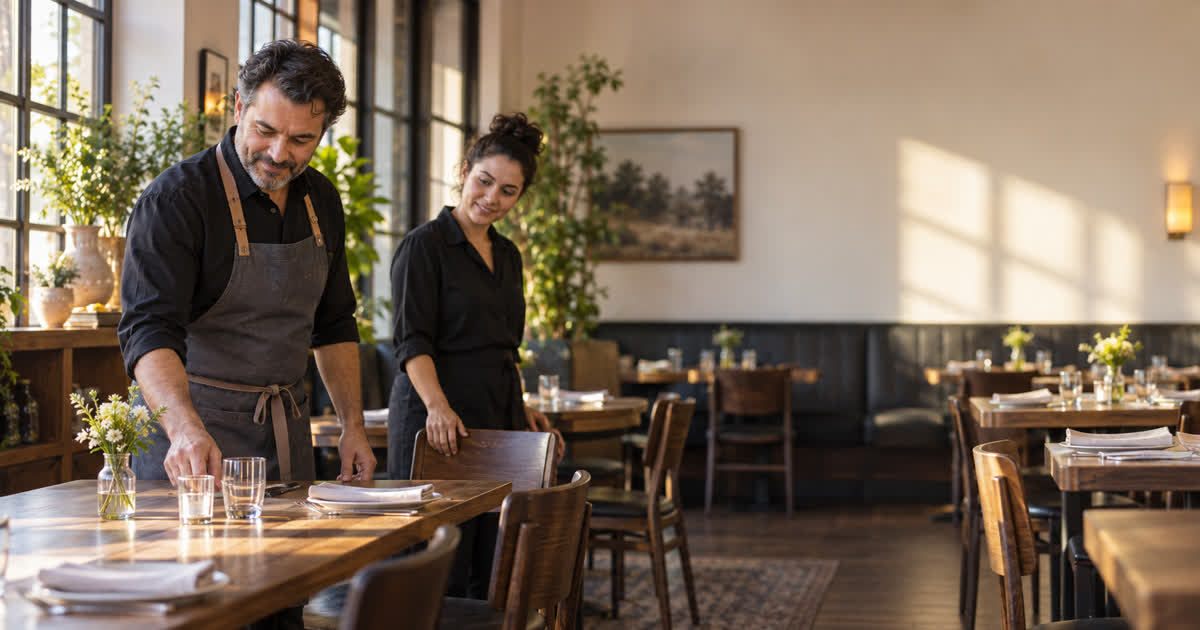 Two synthetic restaurant staff members prepare a dining room before service in a warm independent restaurant.