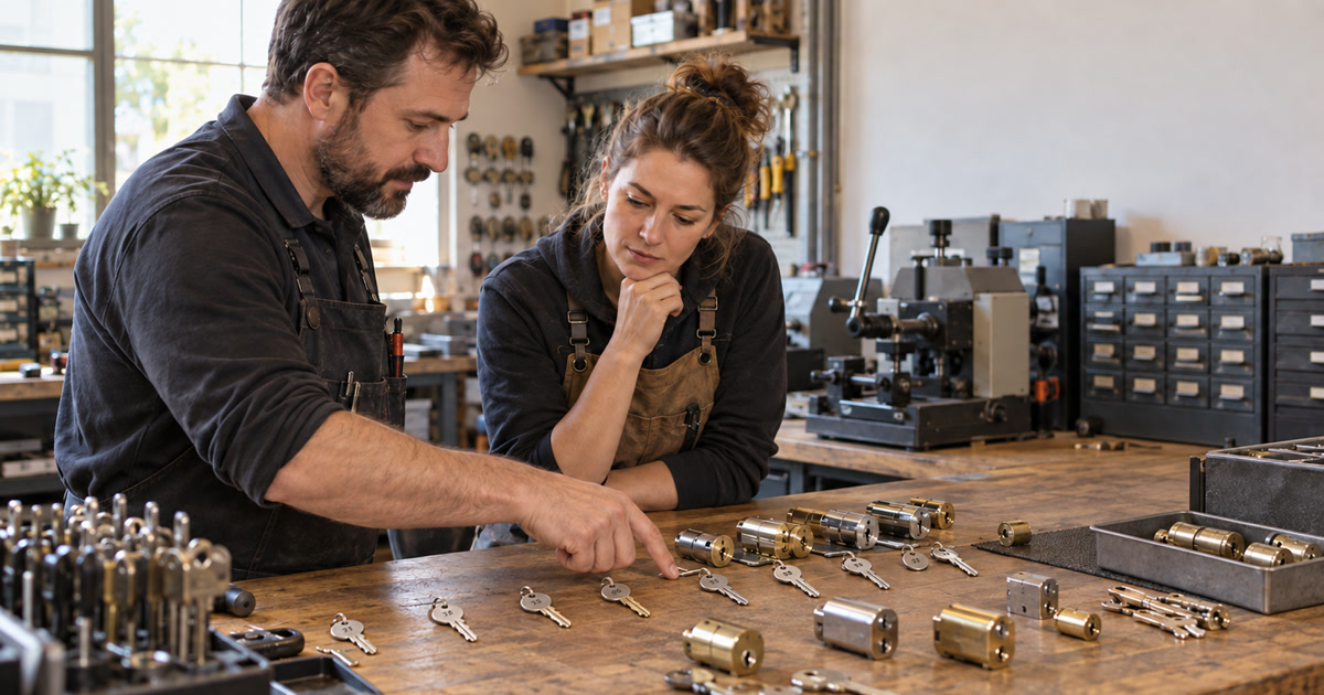 Two synthetic locksmith coworkers review lock cylinders and metal inventory tags at a workshop bench.