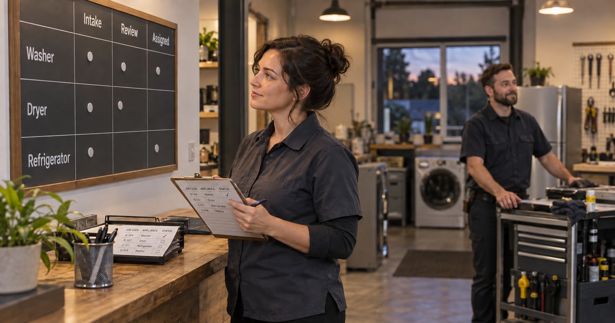 Two synthetic appliance repair workers review a fictional intake board for washers, dryers, and refrigerators.