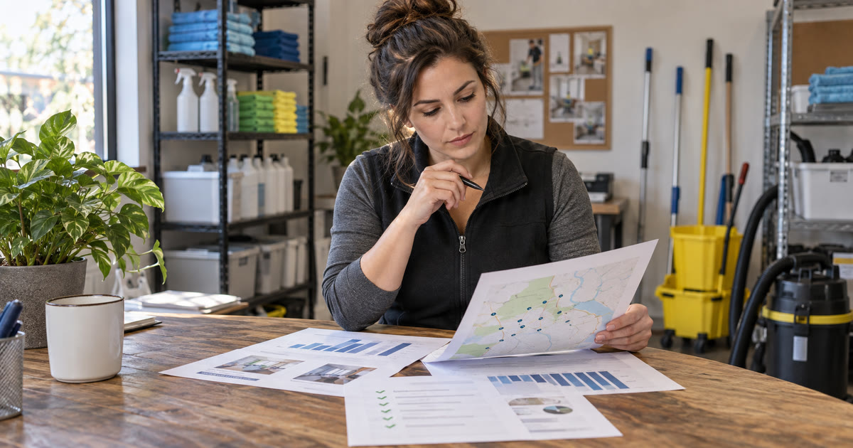 Cleaning-services owner studies a fictional service-area map and charts at a back-office table with unbranded cleaning supplies.