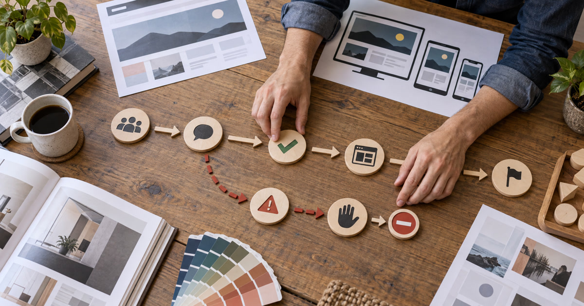 A designer arranges wooden checkmark, message, exception, and human-review tokens beside abstract web layout mockups on a studio table.
