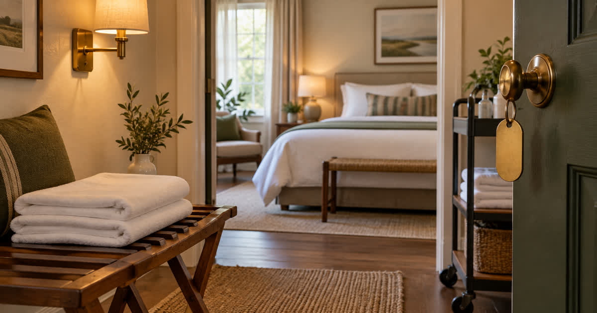 A prepared fictional boutique guest room with folded linens, a service cart, and an unbranded key tag.
