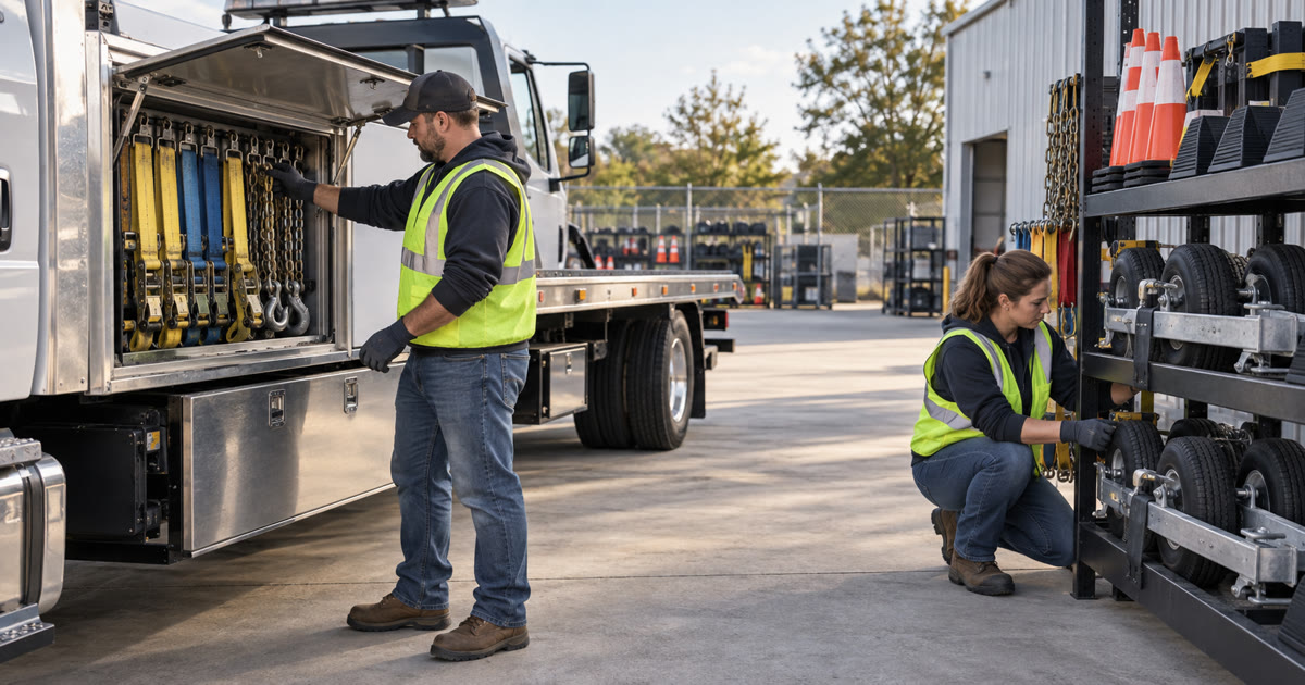 Two synthetic towing professionals inspect organized straps and equipment beside an unbranded flatbed tow truck.