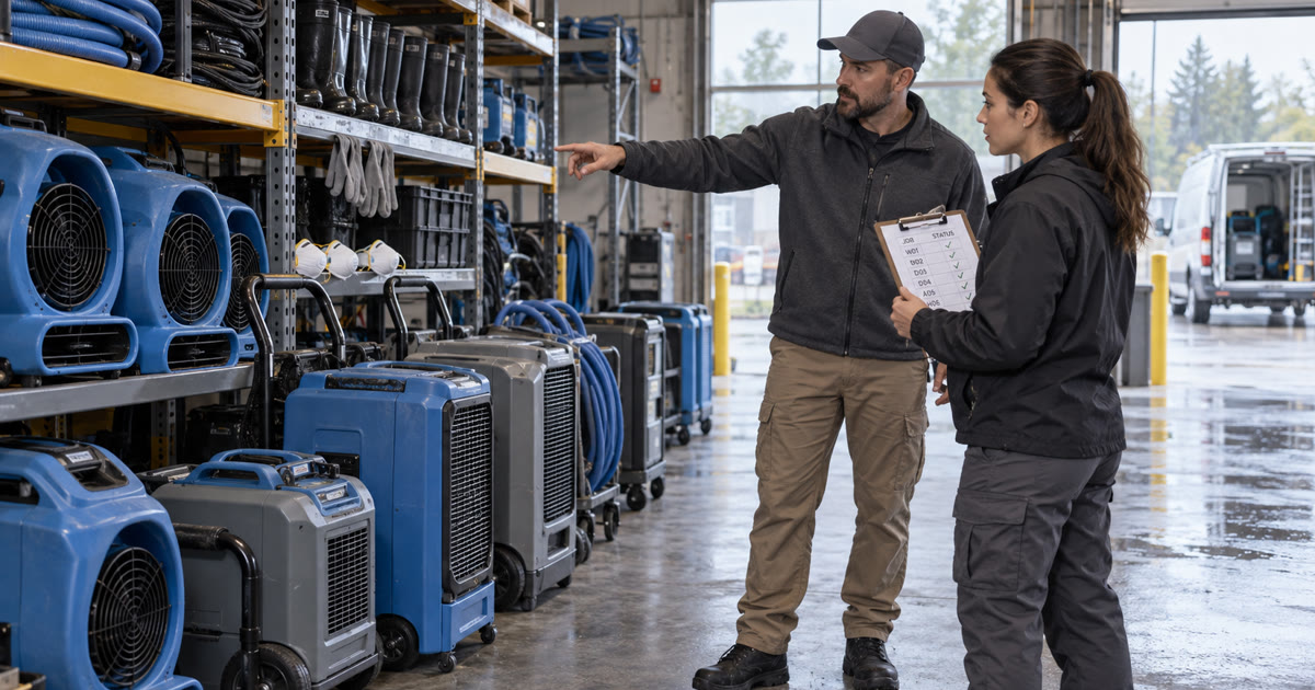 Two synthetic restoration workers review equipment and a fictional job-status clipboard in a warehouse.