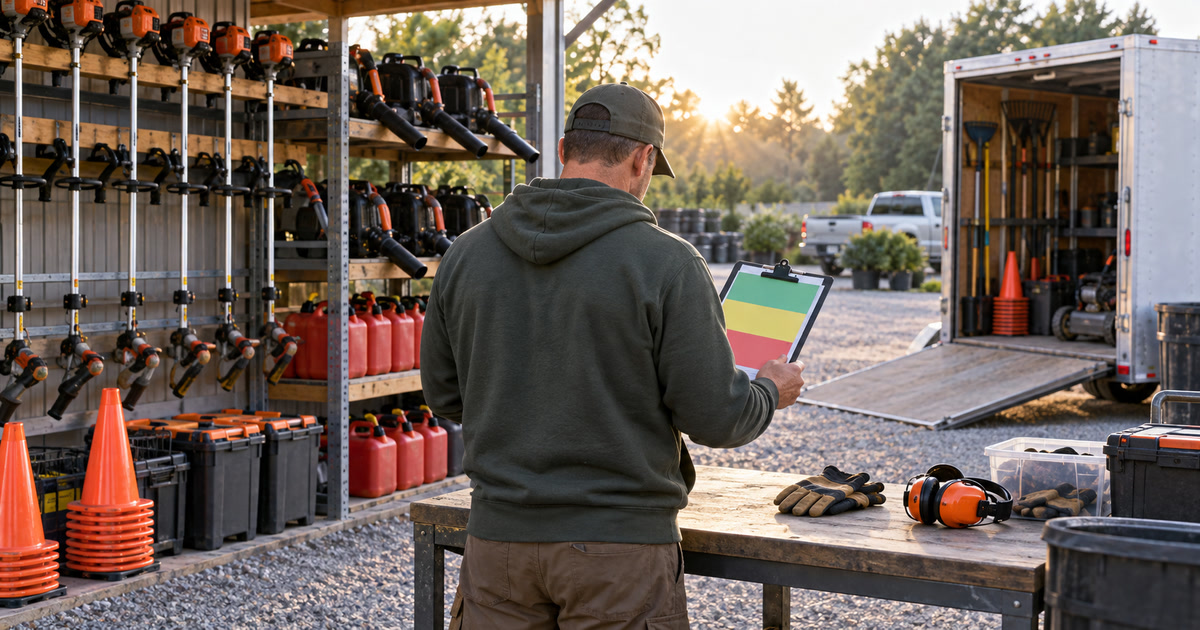 A non-identifiable landscaping supervisor reviews blank workflow cards beside organized equipment in a small-business yard.