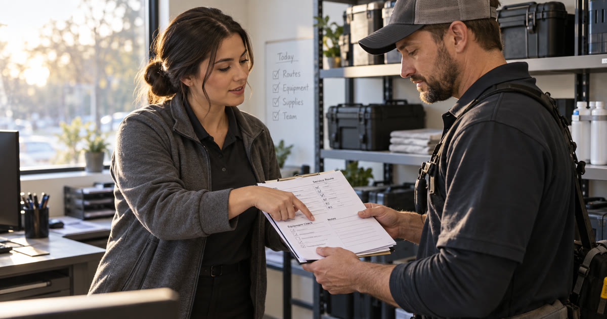 Two synthetic pest-control coworkers review a fictional service-route checklist in a clean dispatch and equipment room.
