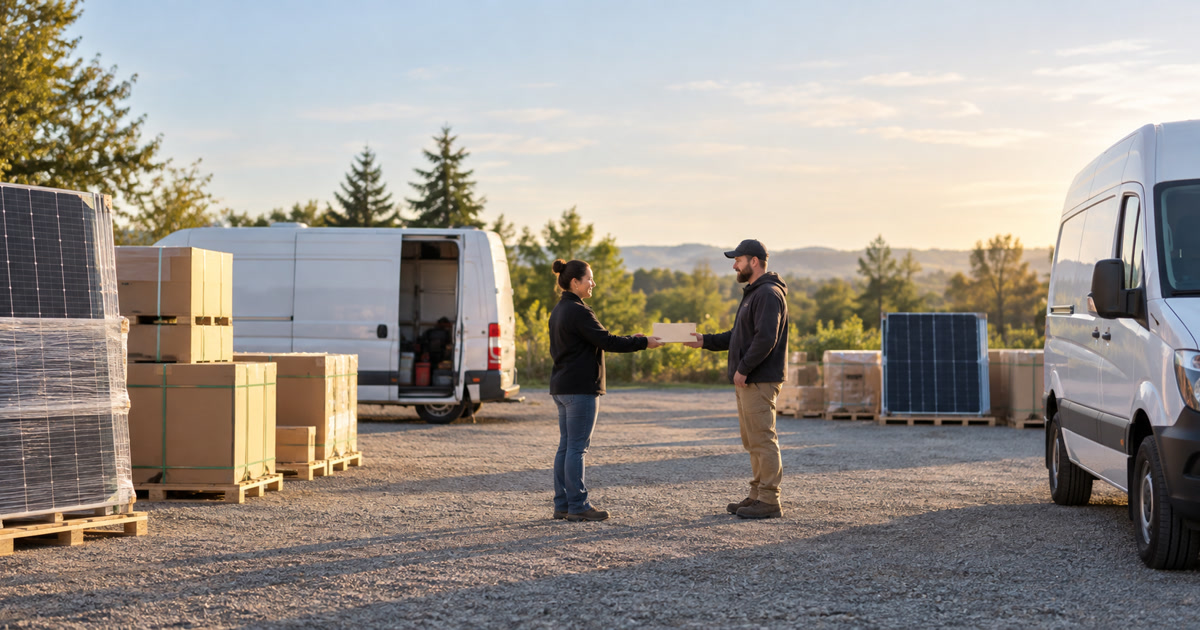 Two workers exchange a small package between unbranded vans and pallets of solar panels in a service yard.