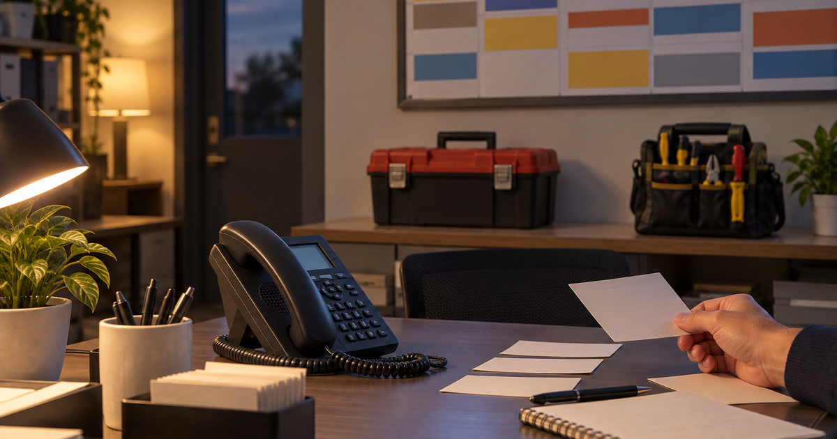 Contractor dispatch desk with a phone, blank call cards, trade tools, and a hand reviewing an intake note.