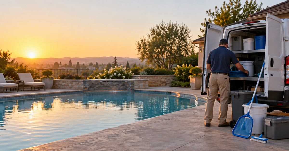Pool service technician organizes unbranded equipment beside a residential pool and service van at sunset.