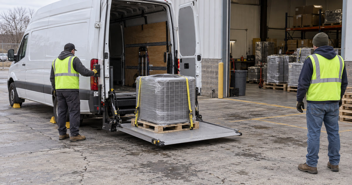 HVAC crew stands clear while a wrapped condenser rests on a cargo-van liftgate at a loading dock.