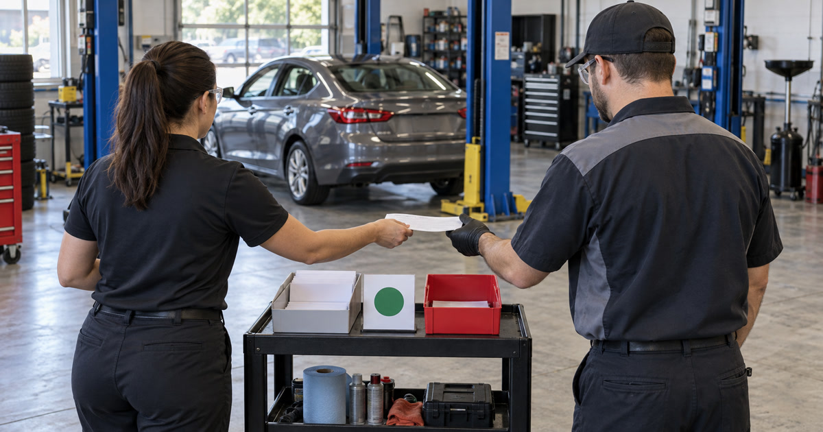 Service advisor and technician review a blank work-order handoff beside an unbranded car in an independent repair bay.