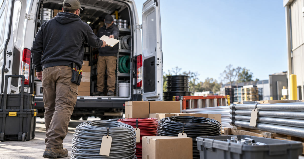 Staff hand off a blank project folder beside an unbranded service van, cable coils, conduit, boxes, and job materials.