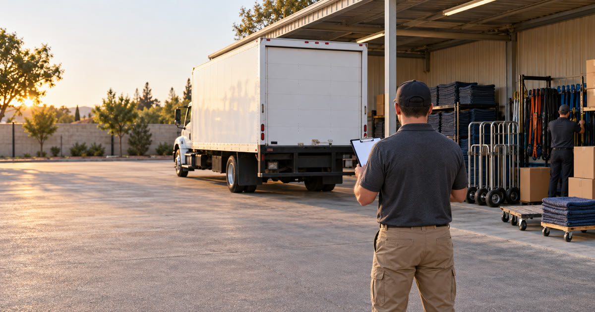 Moving-company operations lead reviews a blank clipboard near an unbranded box truck and neatly staged moving equipment.