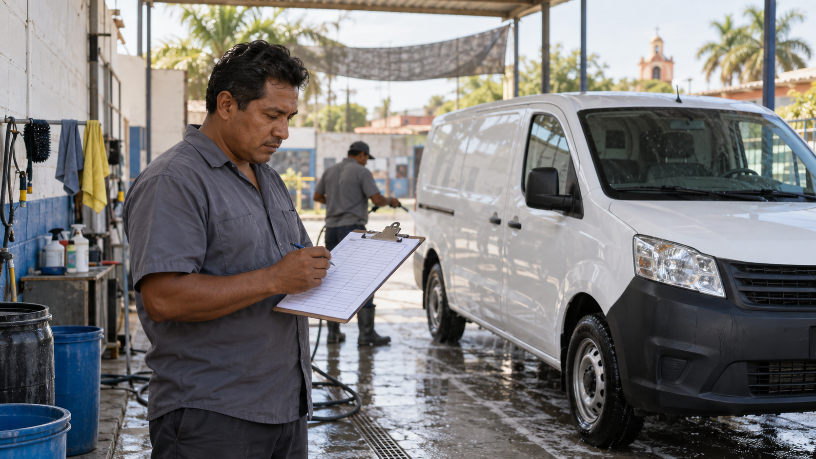 Responsable de un autolavado revisa una hoja de control junto a una camioneta en el área de servicio.
