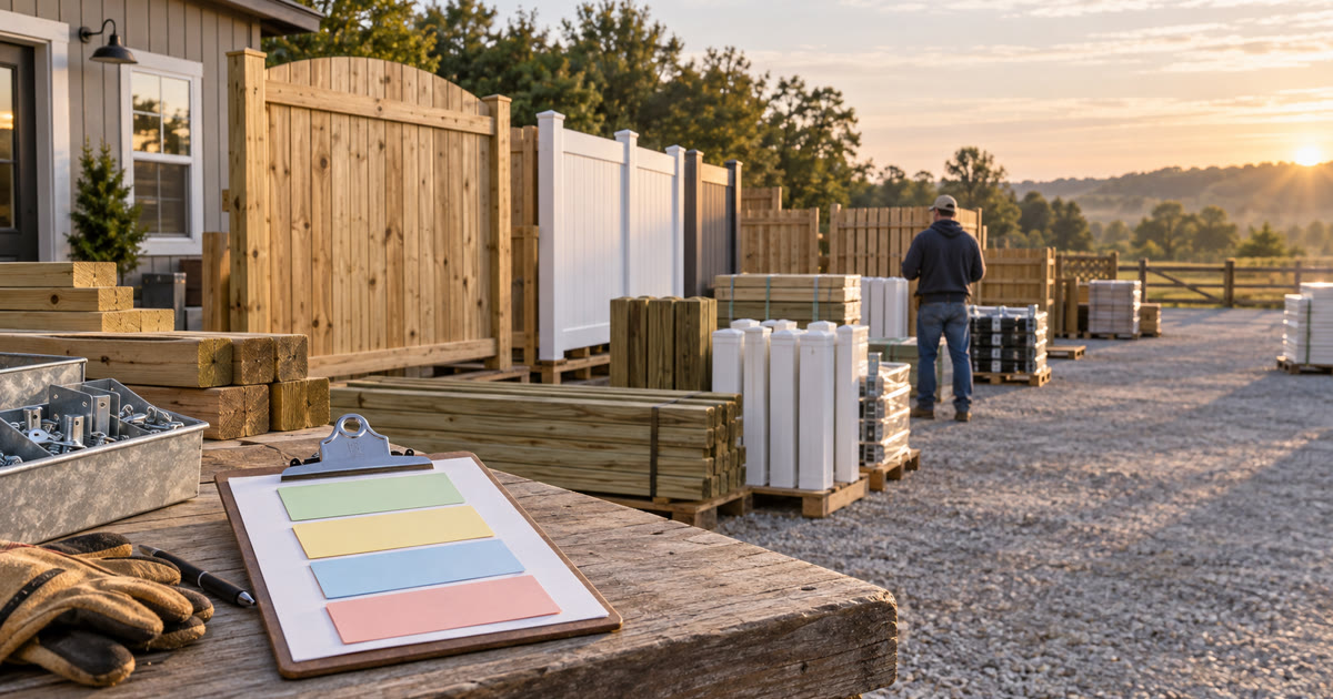 Fence-material yard with unbranded panels, hardware, a blank estimate clipboard, and a worker seen from behind.