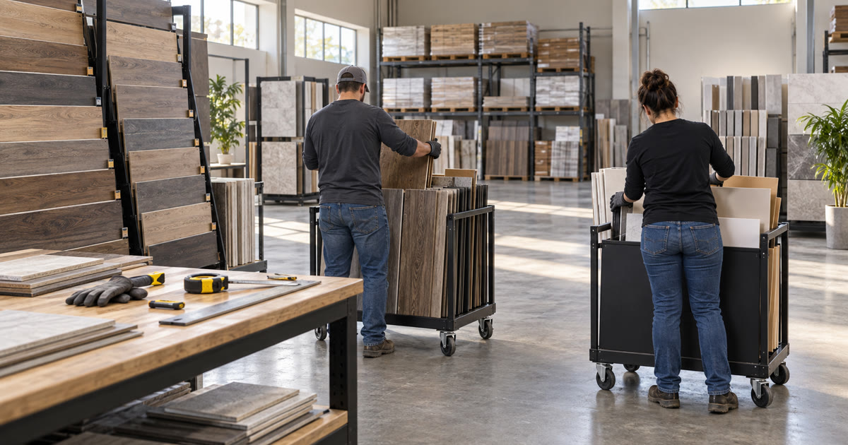 Two workers organize unbranded flooring sample boards and panels on rolling carts in a materials warehouse.