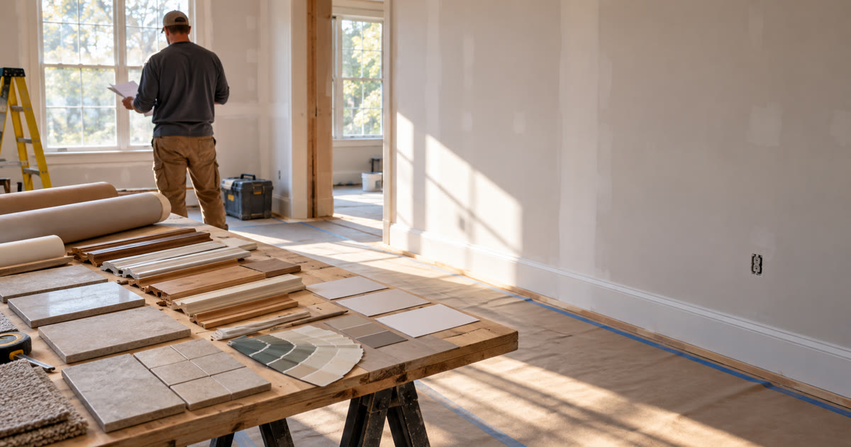 General contractor reviews blank project-closeout cards beside unbranded remodeling samples in an unfinished room.