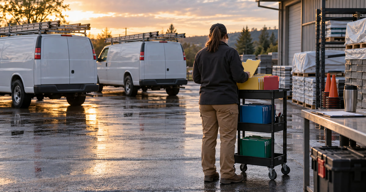An operations lead reviews blank service-request folders beside unbranded roofing vans and stored ladders in a wet contractor yard.
