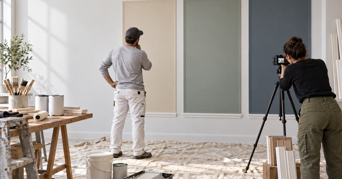 A contractor reviews painted sample panels while a second worker documents them with a tripod camera.