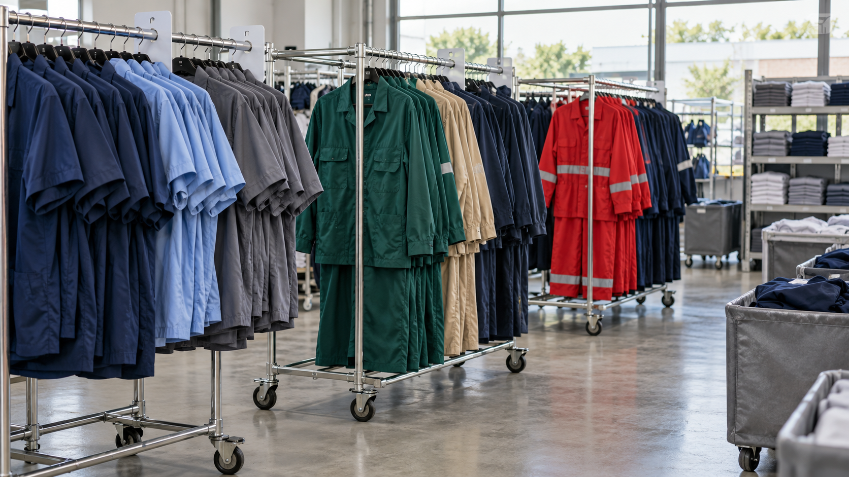 Racks móviles con camisas y overoles ordenados en un área de preparación de uniformes.