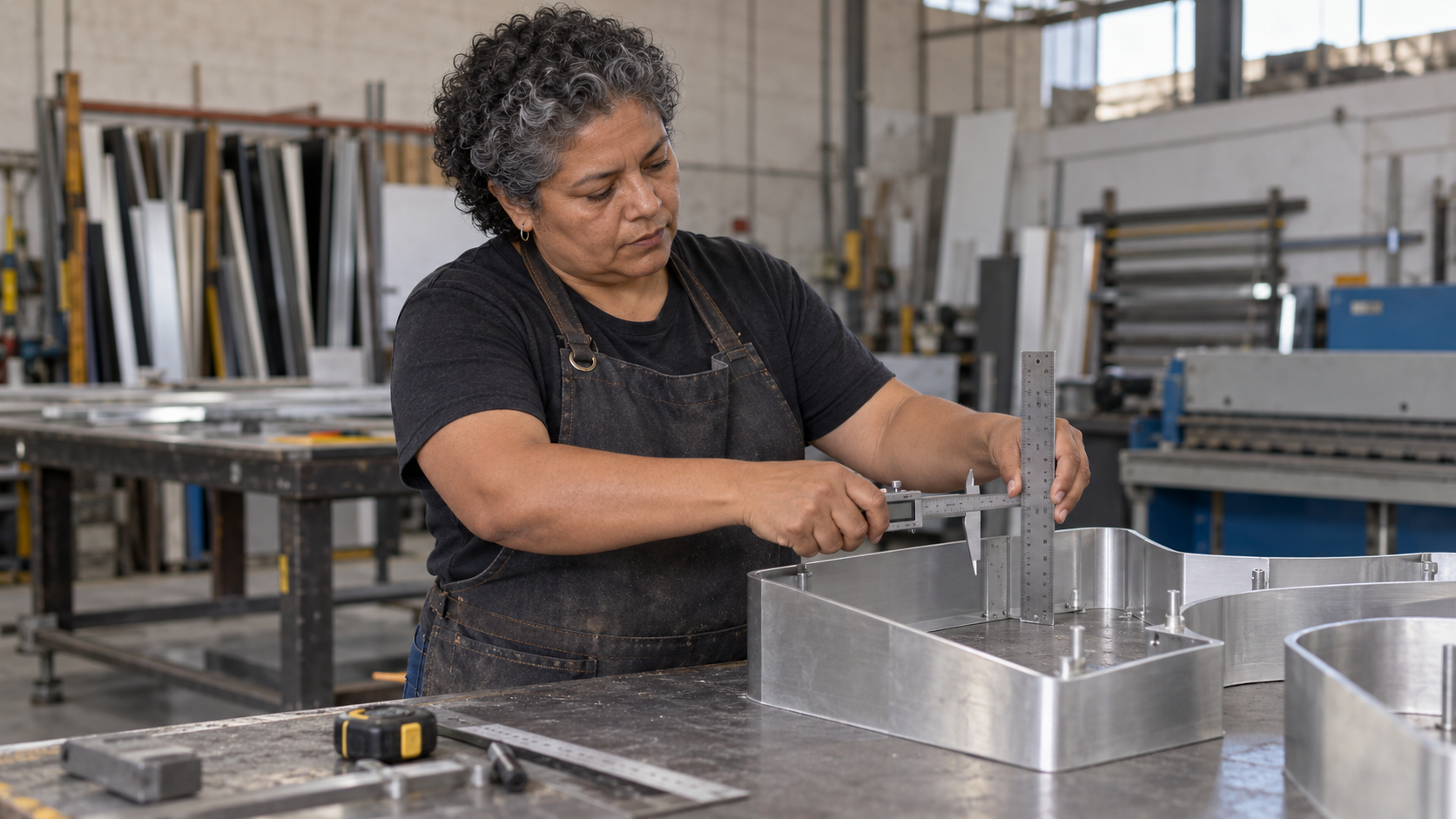 Persona mide una estructura metálica para letrero en una mesa de fabricación.