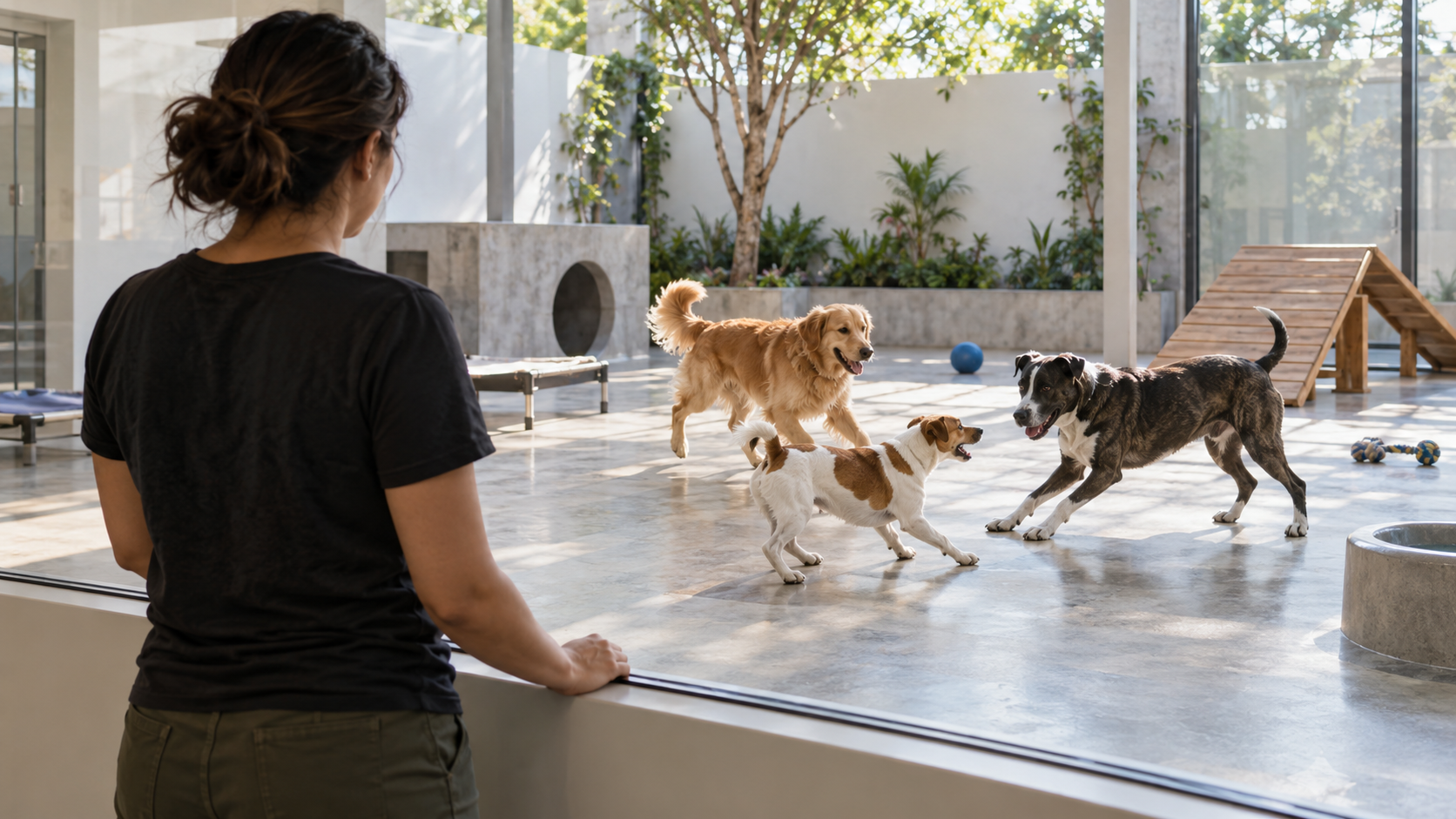 Persona de espaldas observa a tres perros que juegan en el área interior de una pensión.