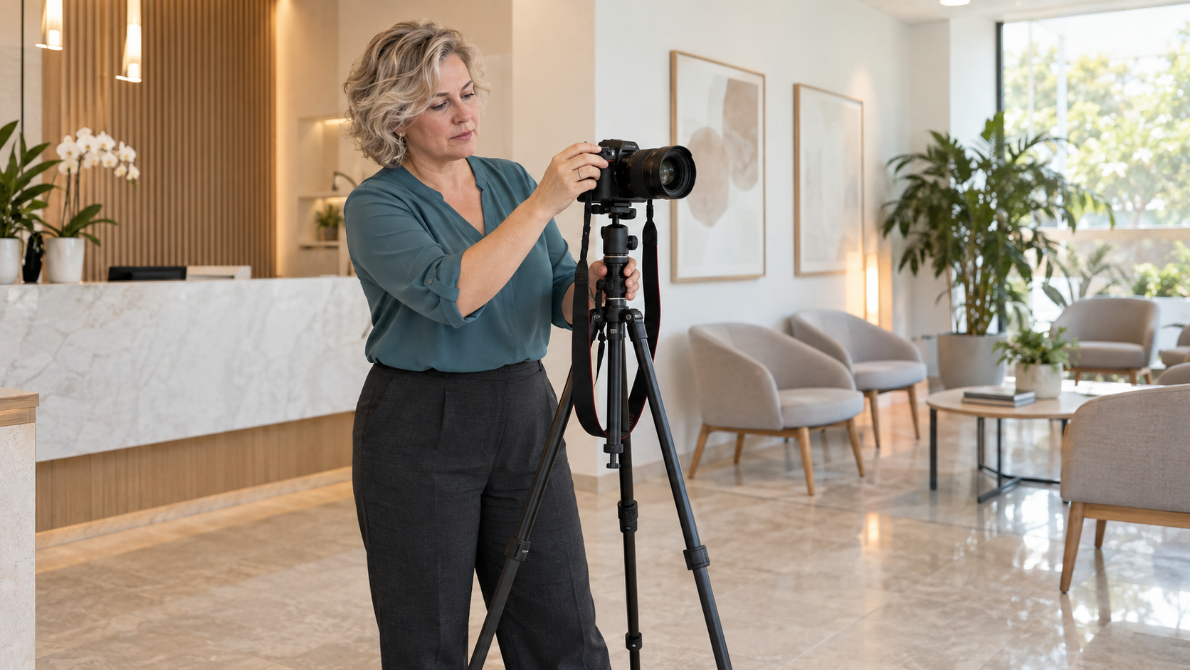 Especialista ajusta una cámara en trípode para fotografiar la recepción vacía de una clínica.