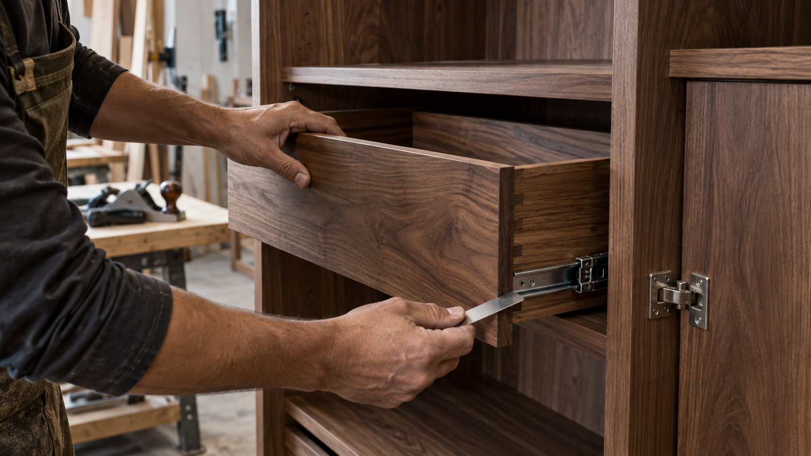 Manos de una persona revisan la alineación de un cajón de madera en un clóset a medida.