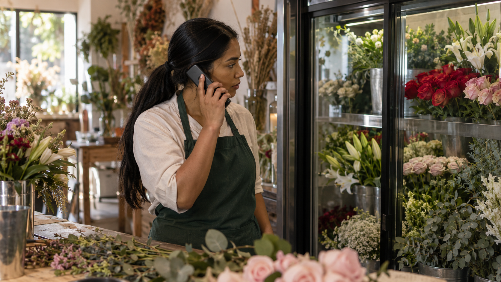 Florista atiende una llamada mientras revisa flores disponibles en una cámara refrigerada.