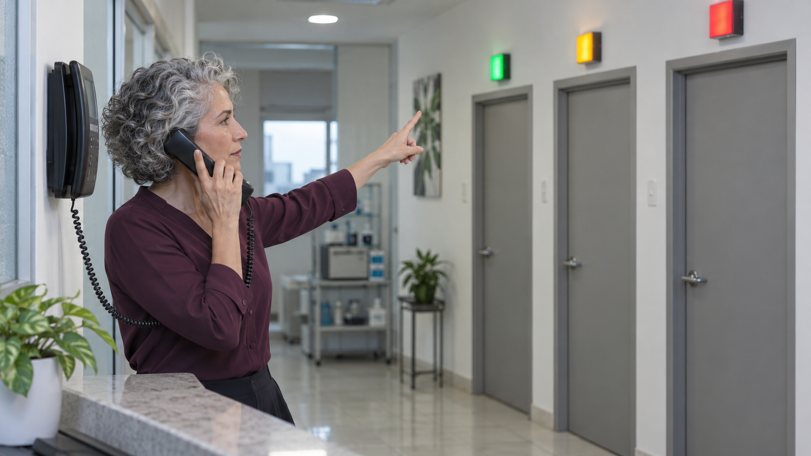 Mujer atiende un teléfono de pared y señala tres indicadores de servicio en un pasillo de laboratorio.