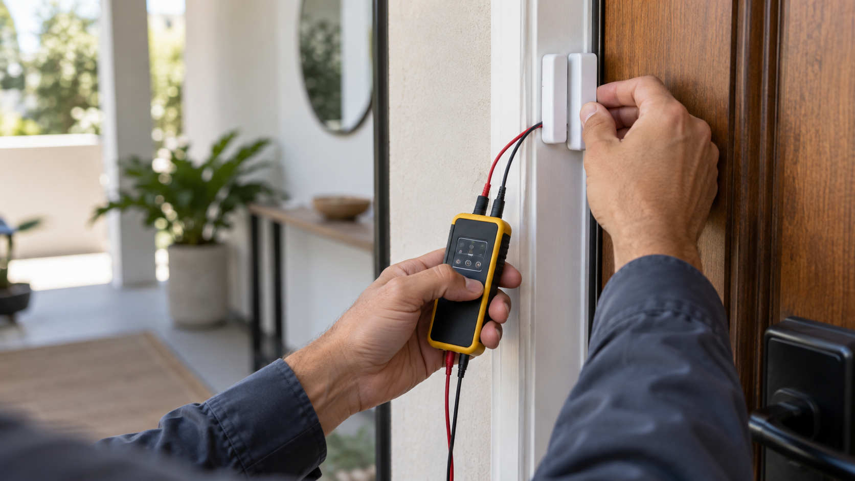 Manos verifican con un probador un sensor de apertura instalado en una puerta.