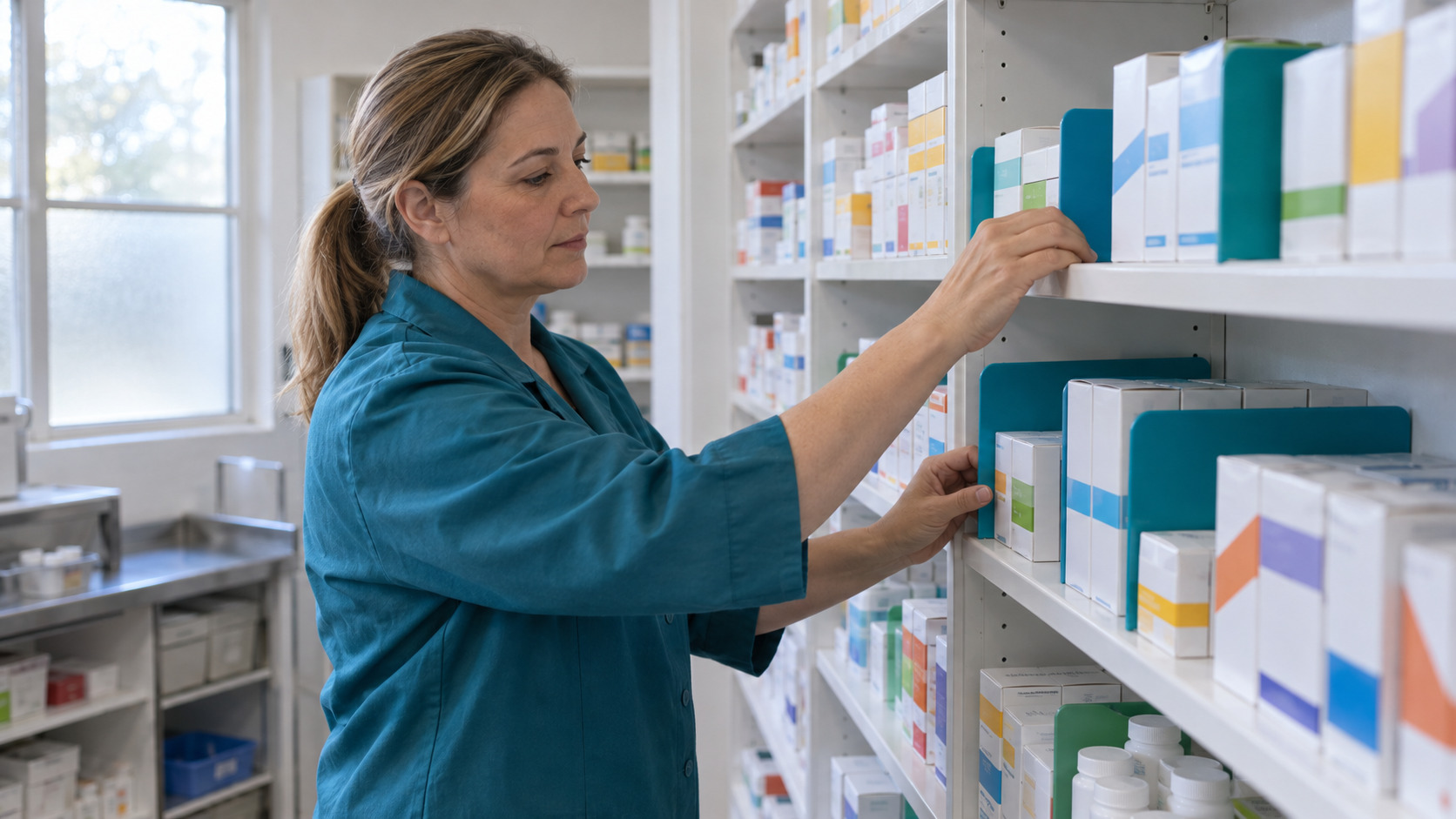 Operadora ordena separadores y cajas genéricas en los anaqueles de una farmacia.