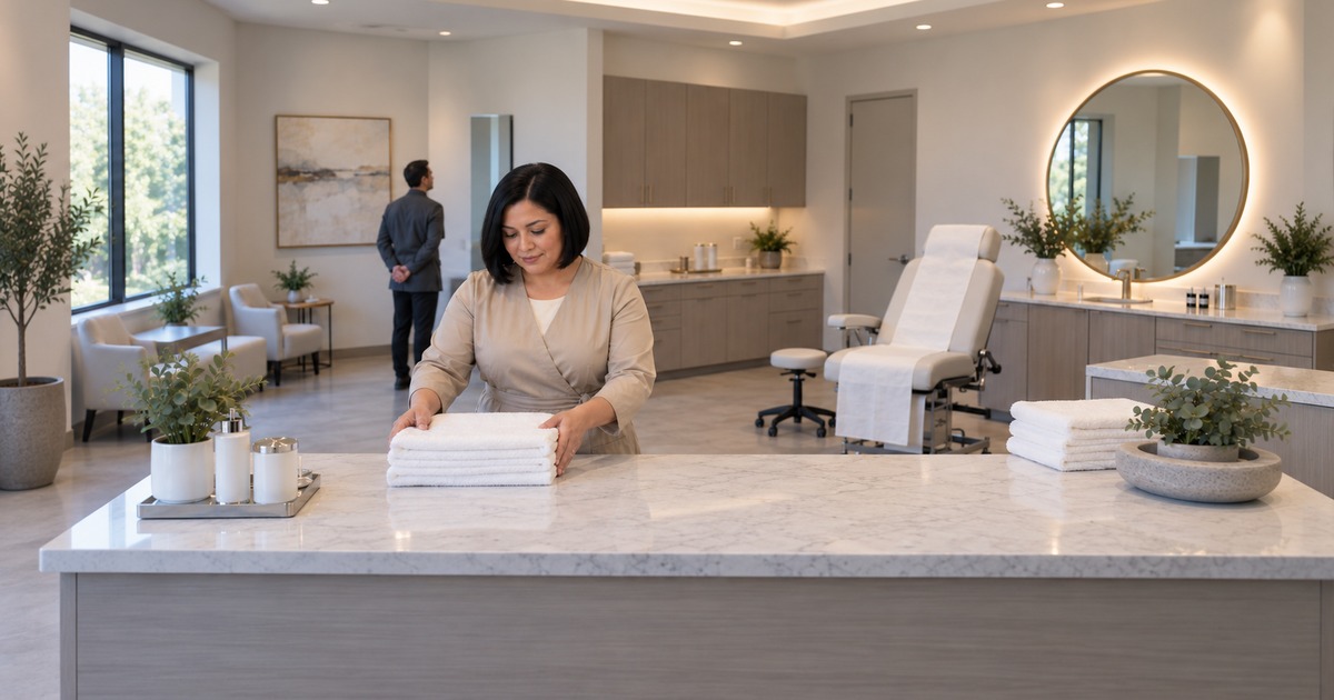 Two aesthetic-clinic operations workers prepare an empty room while one aligns folded towels on a counter.