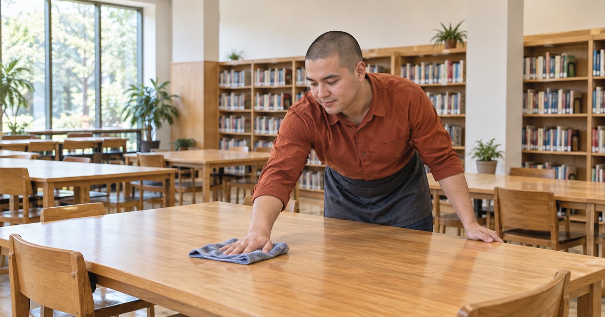 A commercial cleaning worker wipes a broad wooden table in a bright library reading room.