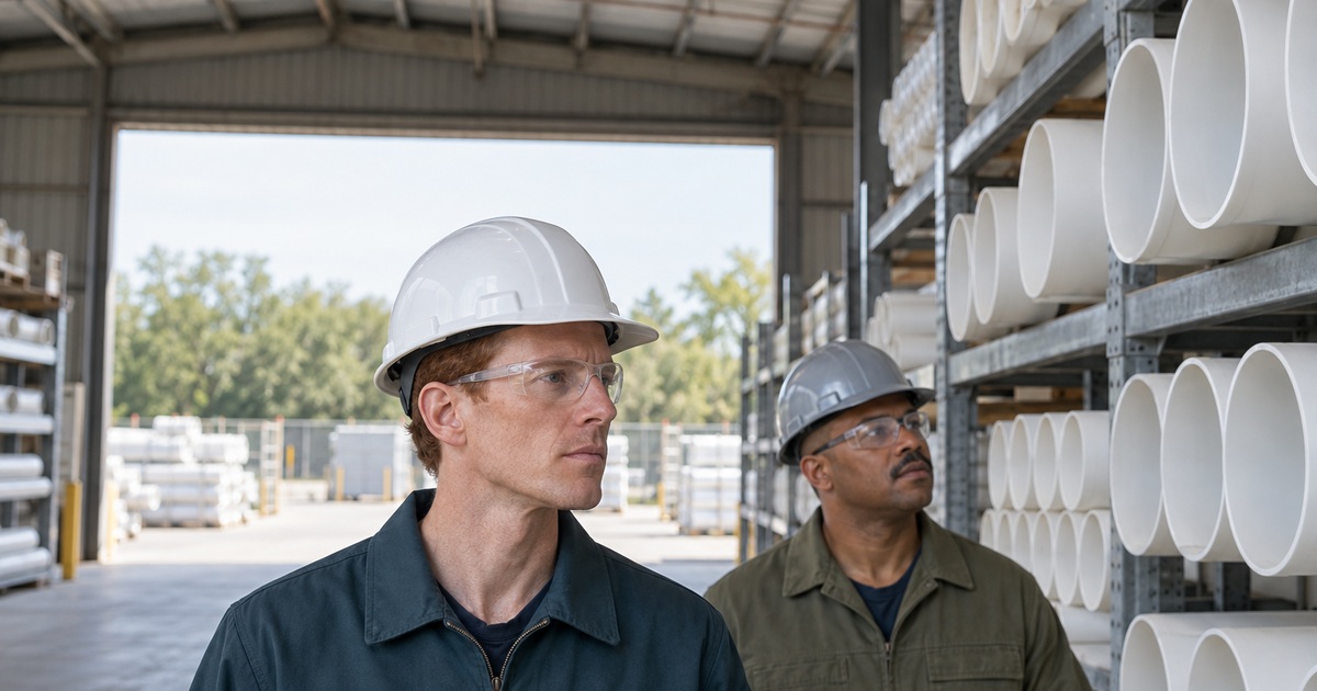 Two plumbing service workers in hard hats and safety glasses visually inspect pipe stock in a covered receiving bay.