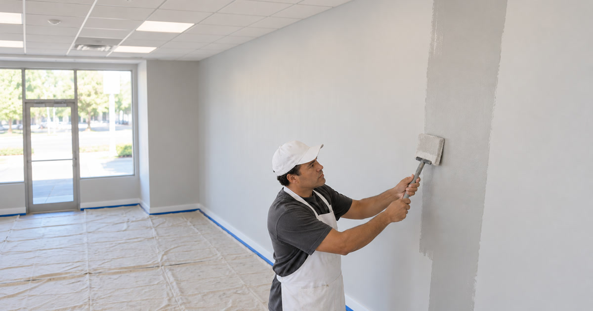 A professional painter applies a broad paint-pad stroke to an interior wall.