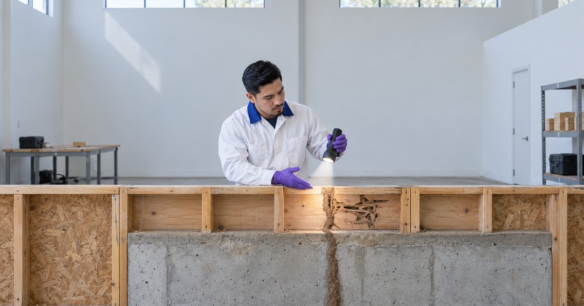 A pest-control technician inspects a termite mud tube and wood galleries at a cutaway foundation wall.