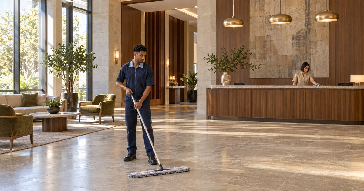 Two hotel workers clean a boutique lobby as one dry-mops the stone floor and another wipes the reception counter.