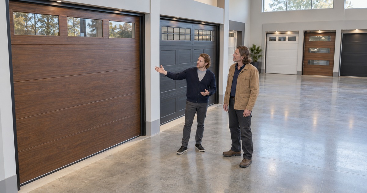 A garage-door showroom specialist gestures toward full-size sectional-door displays while a contractor observes.