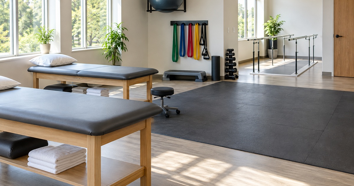 An empty physical therapy clinic has treatment plinths, parallel bars, resistance bands, and an exercise area.