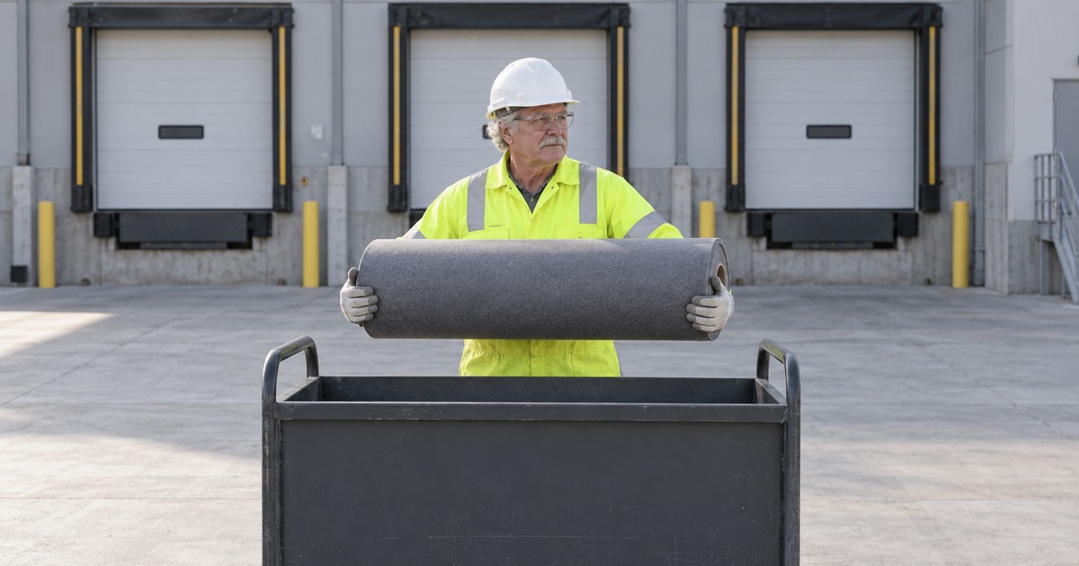 A remodeling delivery worker stages a rolled floor-protection mat over a material cart at a loading bay.