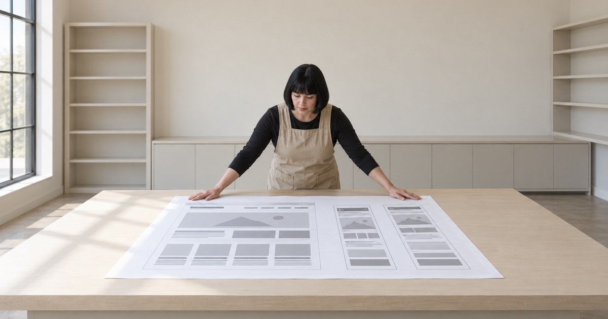 A web production designer reviews a large printed responsive website wireframe on a broad studio table.