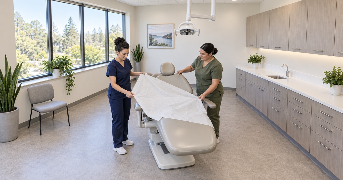 Two dental staff members place a broad white drape over an empty dental chair in a bright operatory.